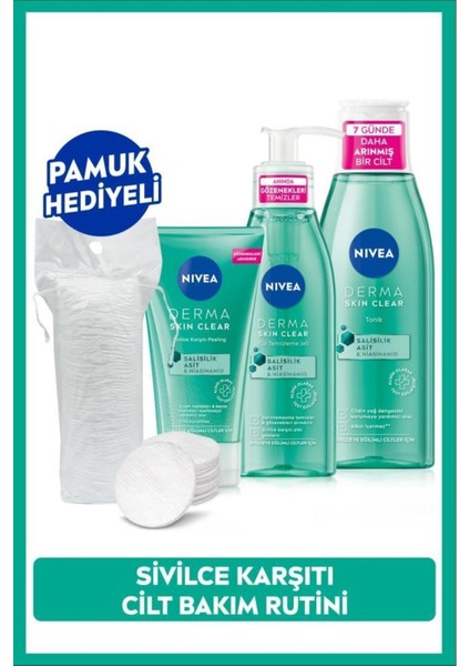 Akne Karşıtı Derma Skin Clear Niasinamid Yüz Temizleme Jeli 150ML, Tonik 200ML ve Peeling 150ML, Pa