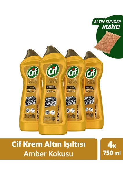 Altın ışıltılı yüzey temizleyici, amber kokulu, 750 ml x4 + altın renk sünger hediye