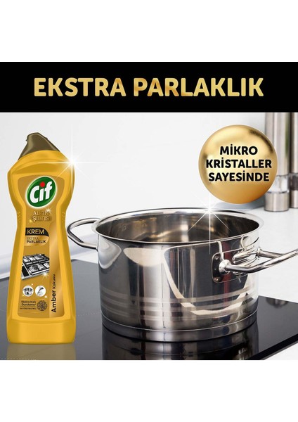Altın ışıltılı yüzey temizleyici, amber kokulu, 750 ml x4 + altın renk sünger hediye fırsatları