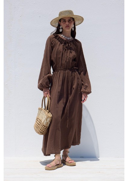 Bağlama Detaylı Muslin Elbise Kahverengi