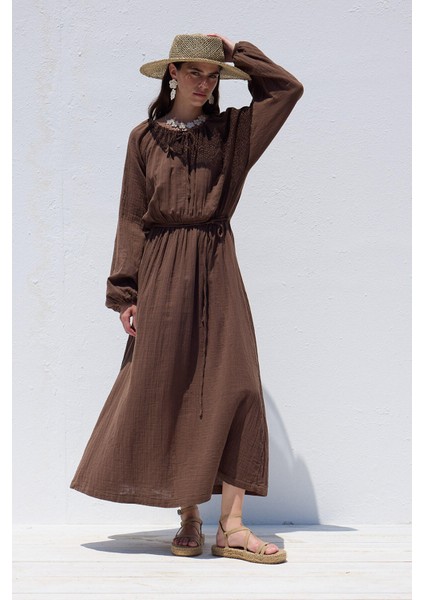 Bağlama Detaylı Muslin Elbise Kahverengi fiyatları