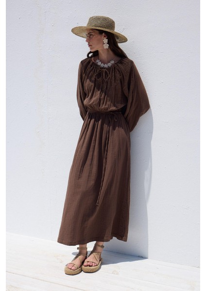 Bağlama Detaylı Muslin Elbise Kahverengi modelleri