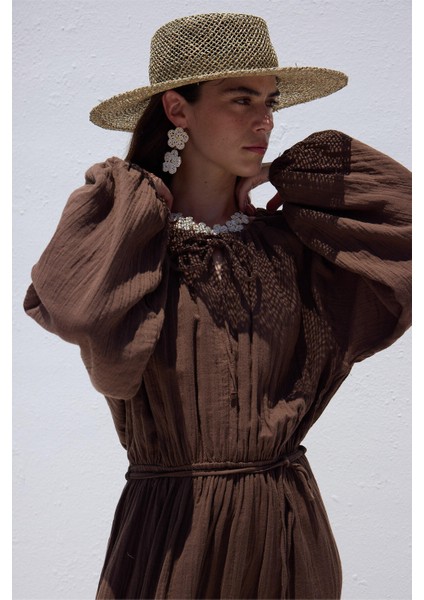 Bağlama Detaylı Muslin Elbise Kahverengi fırsatları