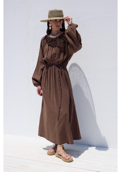 Bağlama Detaylı Muslin Elbise Kahverengi indirimleri