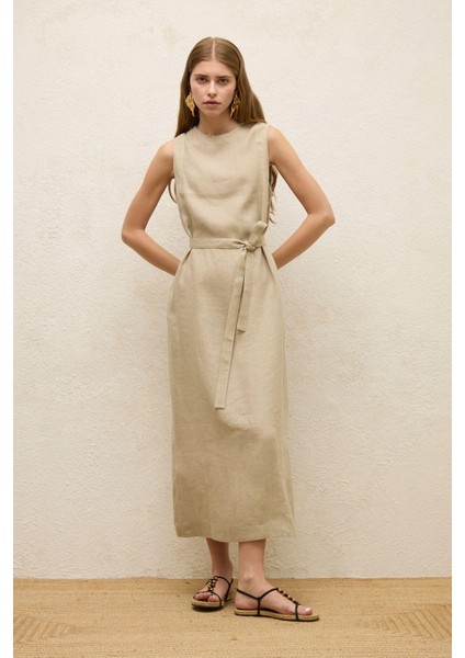 Kolsuz Keten Rahat Elbise Kum