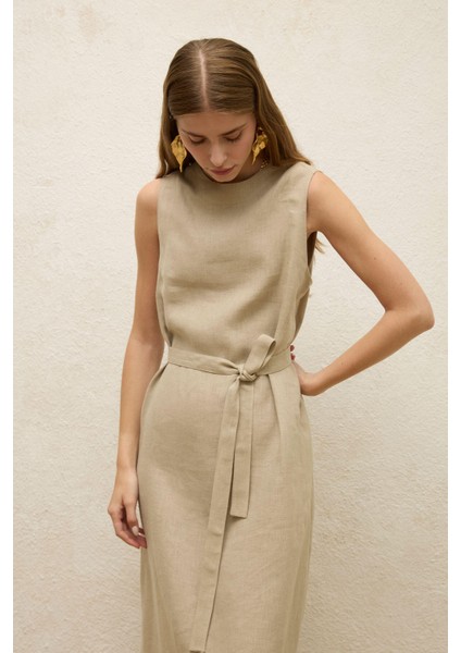 Kolsuz Keten Rahat Elbise Kum modelleri