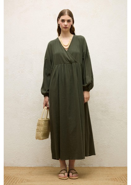 Pamuklu Kruvaze Elbise Zümrüt