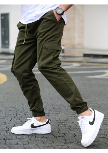 Likralı Beli ve Paçası Lastikli Haki Kargo Pantolon