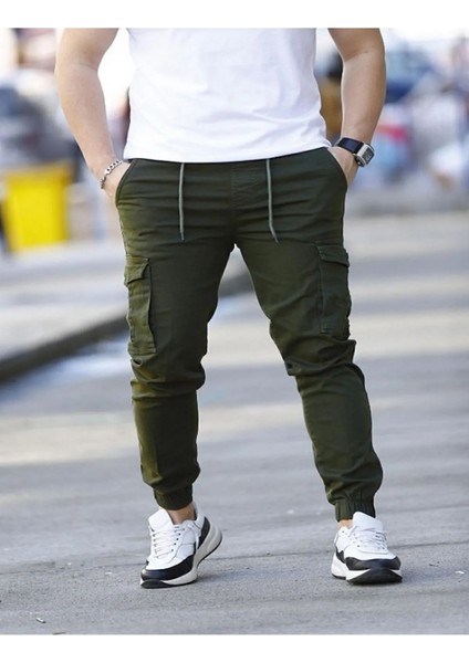 Likralı Beli ve Paçası Lastikli Haki Kargo Pantolon fiyatları