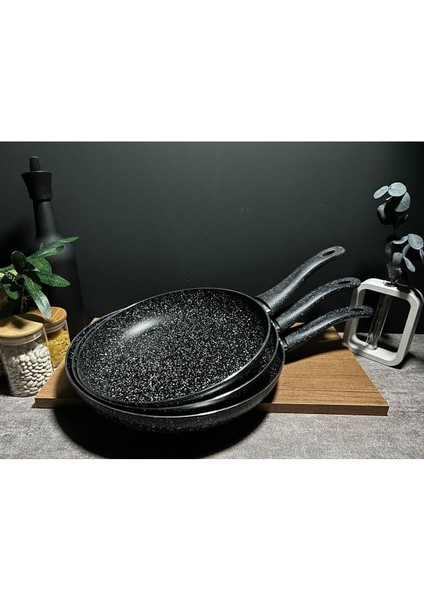 3`lü Granit Tek Kulplu Yanmaz Yapışmaz Tava 28-30-32CM
