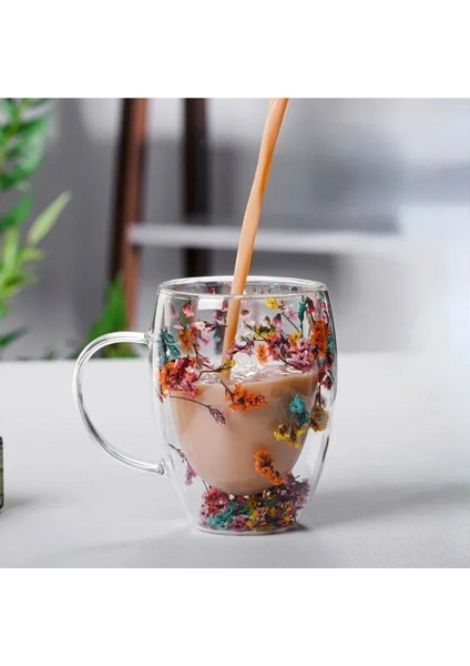 Cam Kurutulmuş Çiçekli Kupa Hediyelik Çift Camlı Şık Dayanıklı Kahve Dış Mekan Çekim Kafe Bardağı 1 Adet fırsatları