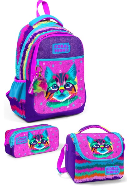 Ilköğretim Mor Pembe Kedi Desenli 3’lü Okul Çanta Seti