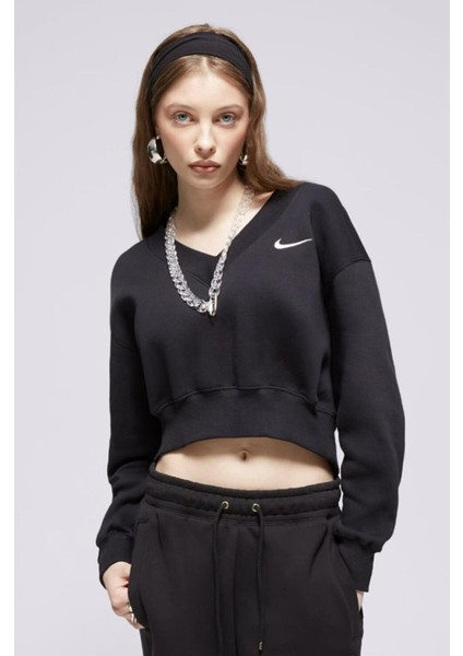 Phoenix Fleece Crop V Yaka Kadın Siyah Sweatshirt