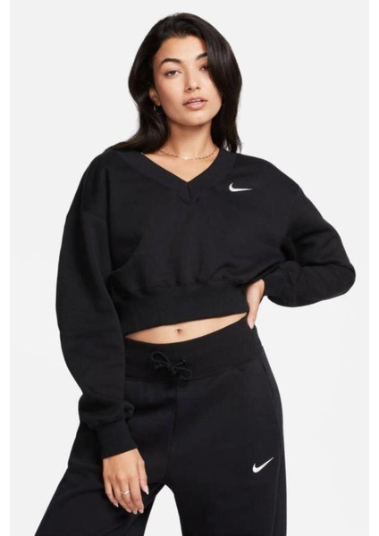 Phoenix Fleece Crop V Yaka Kadın Siyah Sweatshirt indirimleri