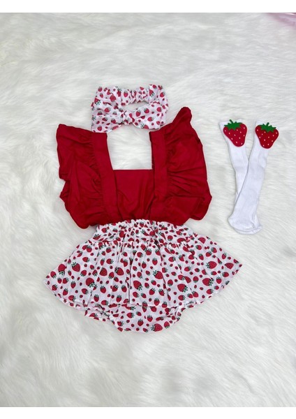 Kız Bebek Çilek Desenli Salopet, Bandana ve Çorap Takımı, Kırmızı Renk