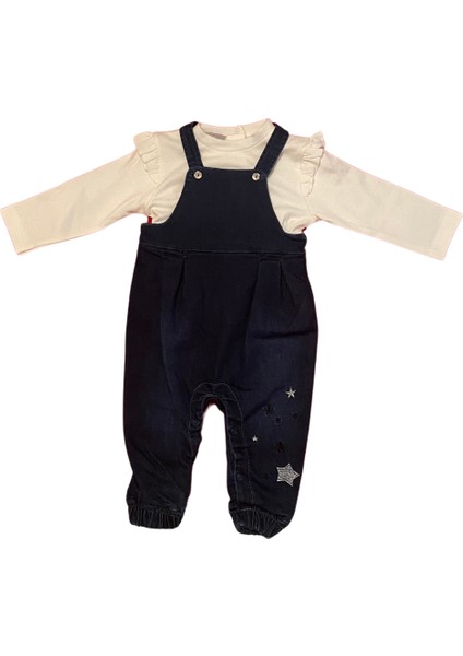 Kız Çocuk Astarlı Yıldız Desenli Kot Solopet ve Beyaz Sweat Takım