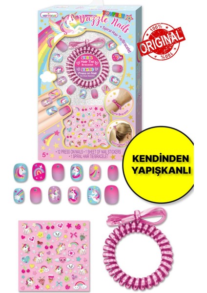 Unicorn Figürlü Stickerlı Toka & Bilezikli Kendinden Yapışkanlı Dazzle Nails Takma Tırnak Seti
