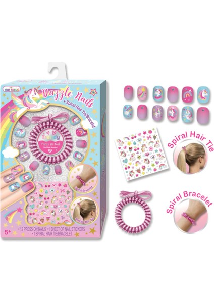 Unicorn Figürlü Stickerlı Toka & Bilezikli Kendinden Yapışkanlı Dazzle Nails Takma Tırnak Seti