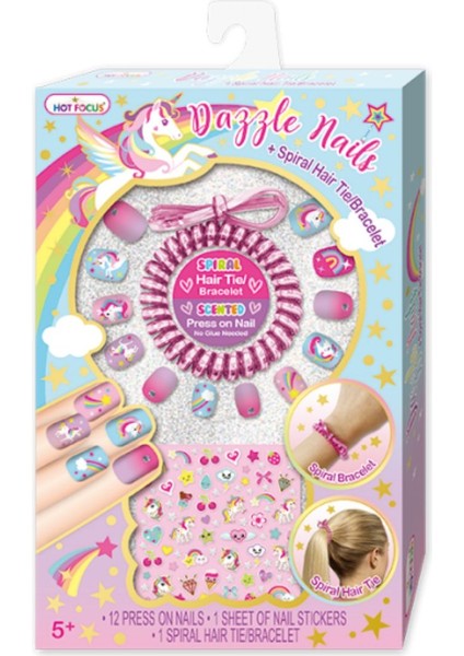 Unicorn Figürlü Stickerlı Toka & Bilezikli Kendinden Yapışkanlı Dazzle Nails Takma Tırnak Seti