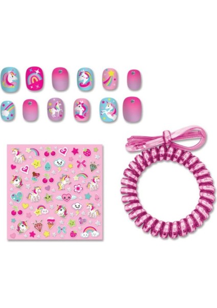 Unicorn Figürlü Stickerlı Toka & Bilezikli Kendinden Yapışkanlı Dazzle Nails Takma Tırnak Seti