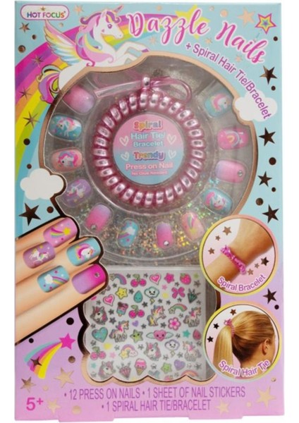 Unicorn Figürlü Stickerlı Toka & Bilezikli Kendinden Yapışkanlı Dazzle Nails Takma Tırnak Seti