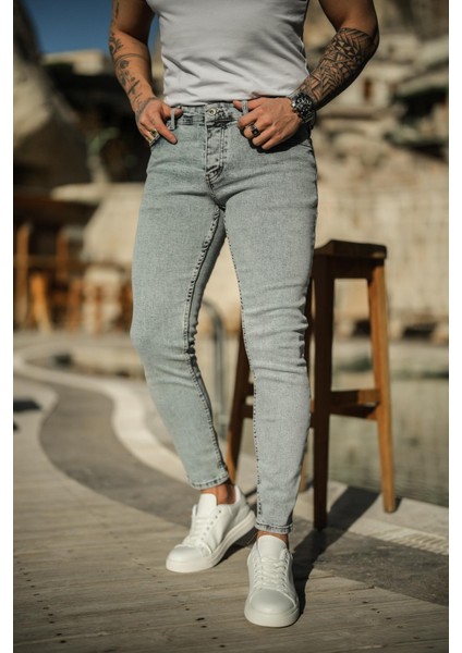 Erkek Yıkamalı Skinny Jean Kar Yıkamalı Mavi