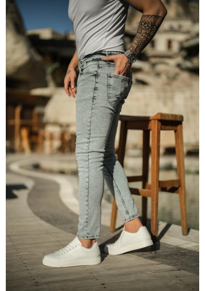 Erkek Yıkamalı Skinny Jean Kar Yıkamalı Mavi