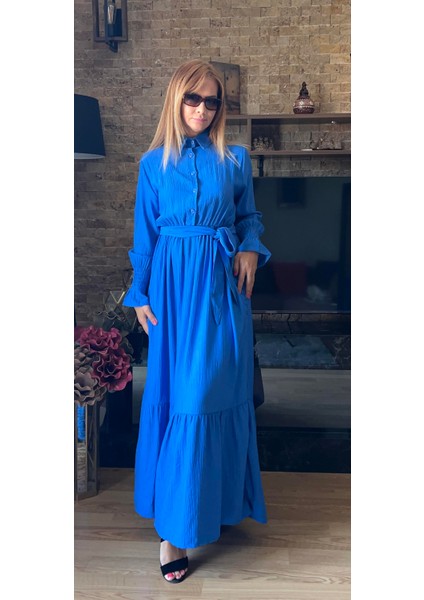 Çilek Dokuma Kemerli Kol Büzgü Detaylı Gömlek Yaka Elbise fiyatları