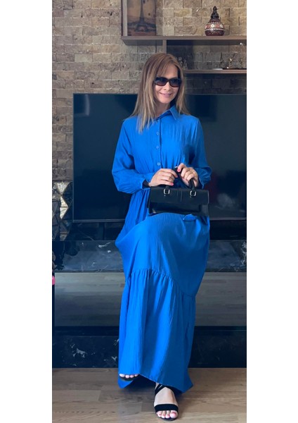 Çilek Dokuma Kemerli Kol Büzgü Detaylı Gömlek Yaka Elbise fırsatları