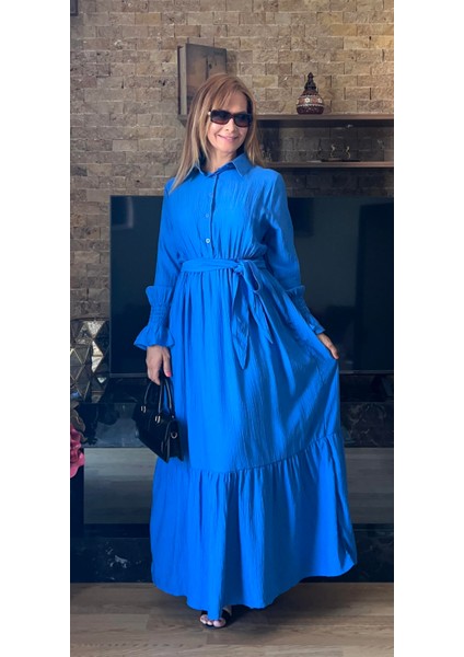 Çilek Dokuma Kemerli Kol Büzgü Detaylı Gömlek Yaka Elbise indirimleri