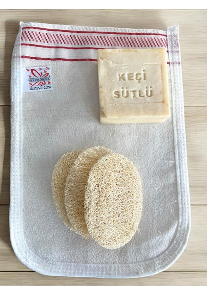 3'lü Vücut Bakım Seti, Doğal Keçi Sütü Sabunu, Kabak Lifi Yüz Kesesi, Kelebek Kese, Peeling