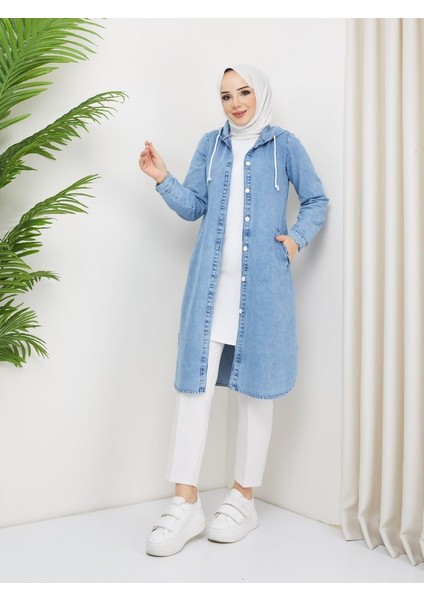 Kadın Kapüşonlu Düğme Kapamalı Kot Kap