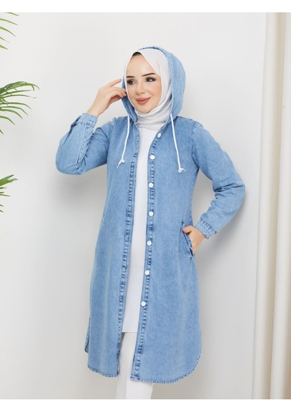 Kadın Kapüşonlu Düğme Kapamalı Kot Kap modelleri