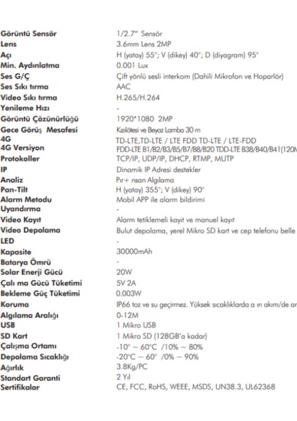 2mp Solar 4g Simkartlı 30000 Mah Bataryalı Ptz Güneş Panelli Kamera