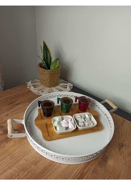 Ferforje Desenli Ahşap Saplı Metal Tepsi.