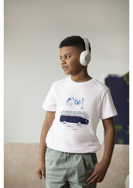 Erkek Çocuk Pamuk Lacivert Karavan Baskılı Kısa Kol Tshirt