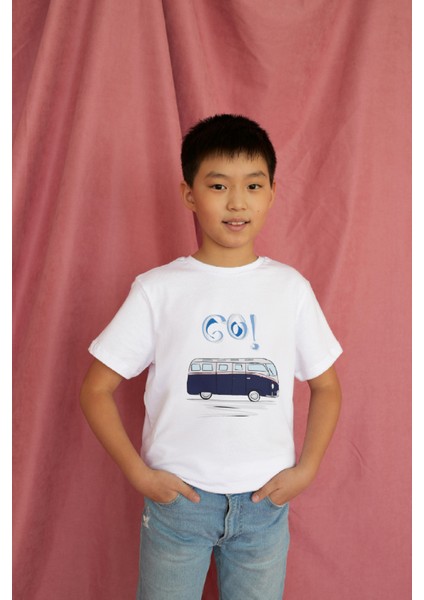 Erkek Çocuk Pamuk Lacivert Karavan Baskılı Kısa Kol Tshirt