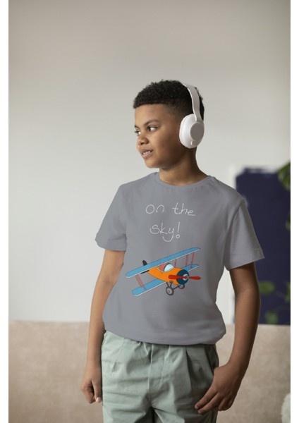 Erkek Çocuk Pamuk On The Sky Uçak Baskılı Kısa Kol Tshirt