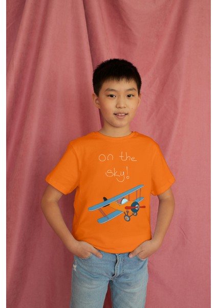 Erkek Çocuk Pamuk On The Sky Uçak Baskılı Kısa Kol Tshirt modelleri