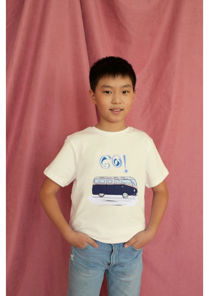 Erkek Çocuk Pamuk Lacivert Karavan Baskılı Kısa Kol Tshirt
