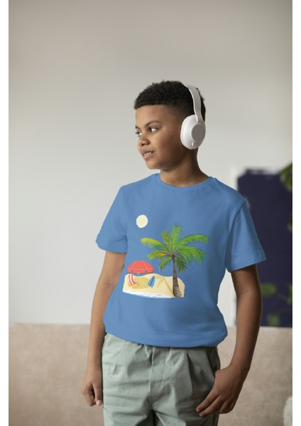 Erkek Çocuk Pamuk Palmiye Baskılı Kısa Kol Tshirt