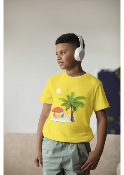 Erkek Çocuk Pamuk Palmiye Baskılı Kısa Kol Tshirt