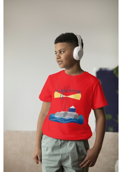 Erkek Çocuk Pamuk Lighthouse Baskılı Kısa Kol Tshirt