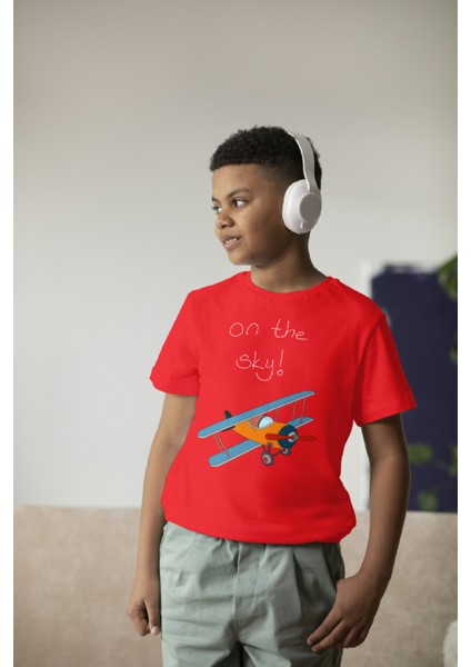Erkek Çocuk Pamuk On The Sky Uçak Baskılı Kısa Kol Tshirt