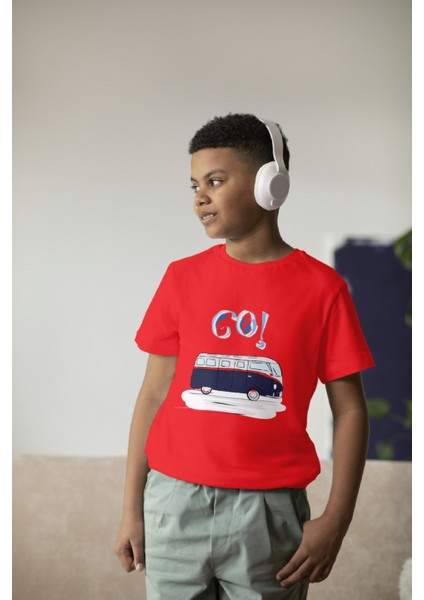 Erkek Çocuk Pamuk Lacivert Karavan Baskılı Kısa Kol Tshirt