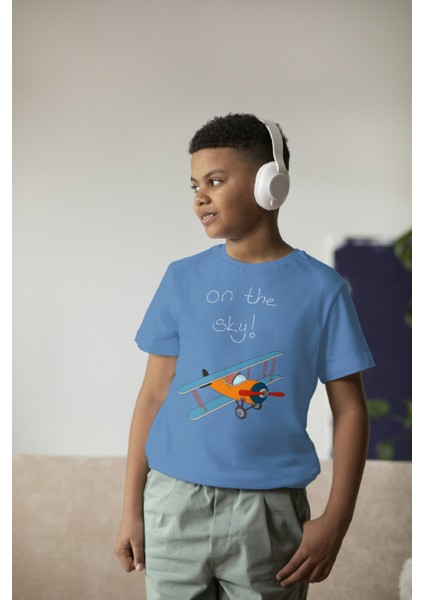 Erkek Çocuk Pamuk On The Sky Uçak Baskılı Kısa Kol Tshirt