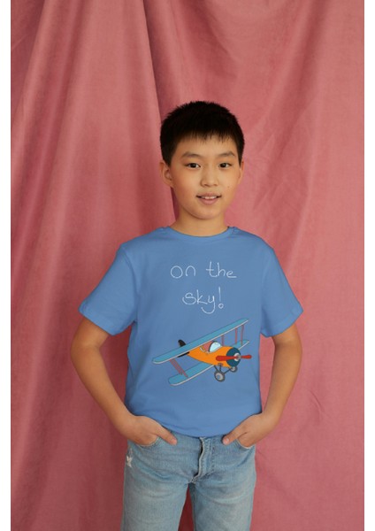 Erkek Çocuk Pamuk On The Sky Uçak Baskılı Kısa Kol Tshirt modelleri
