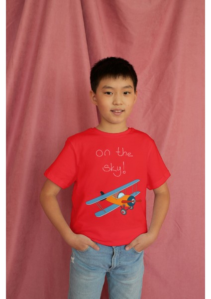 Erkek Çocuk Pamuk On The Sky Uçak Baskılı Kısa Kol Tshirt