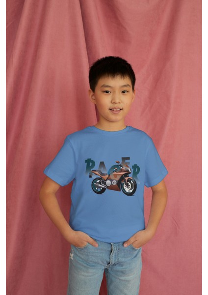 Erkek Çocuk Pamuk Racer Motorsiklet Baskılı Kısa Kol Tshirt