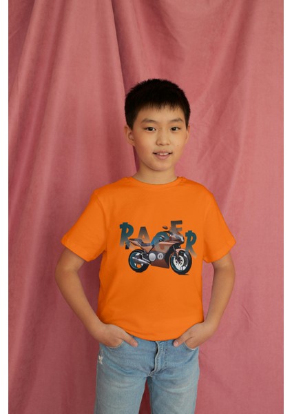 Erkek Çocuk Pamuk Racer Motorsiklet Baskılı Kısa Kol Tshirt modelleri